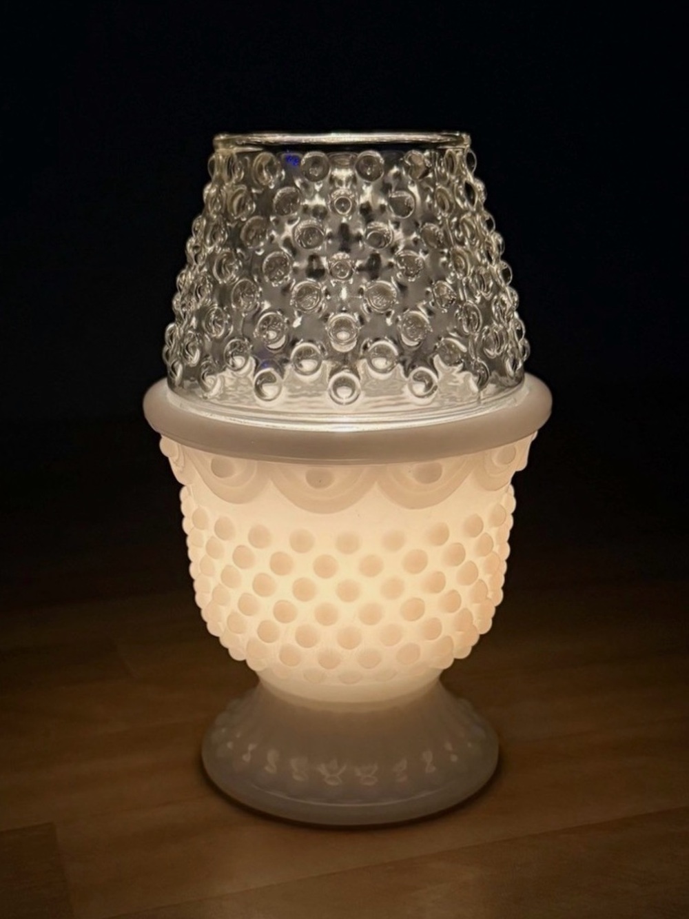 VTG Avon 1970s FAIRY LAMP White Milk Glass & Clear Hobnail Candle Holder MINT!